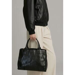 Tory Burch Ella Leather Tote Canvas Sides Handbag Black 16x12x6